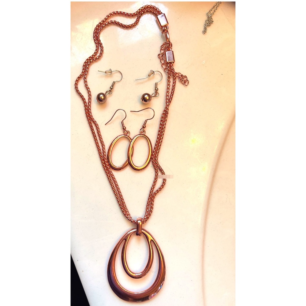Rose Gold Tone Jewelry Set Multi Strand Necklace Oval Pendant 2 Pair Earrings